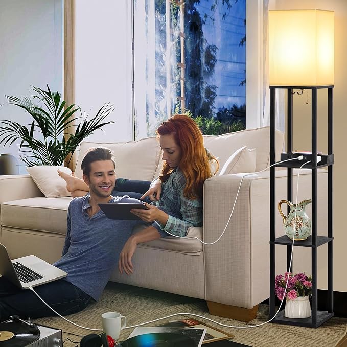 Shelf Floor Lamp with Wireless Charger, USB, Type C, AC Port,Black | Fast Charging USB Ports & Type C Port & 2 Power Outlets, 3 Tier Storage Shelf Lamp, E26 Base, 60W Max(Bulb Not Included)