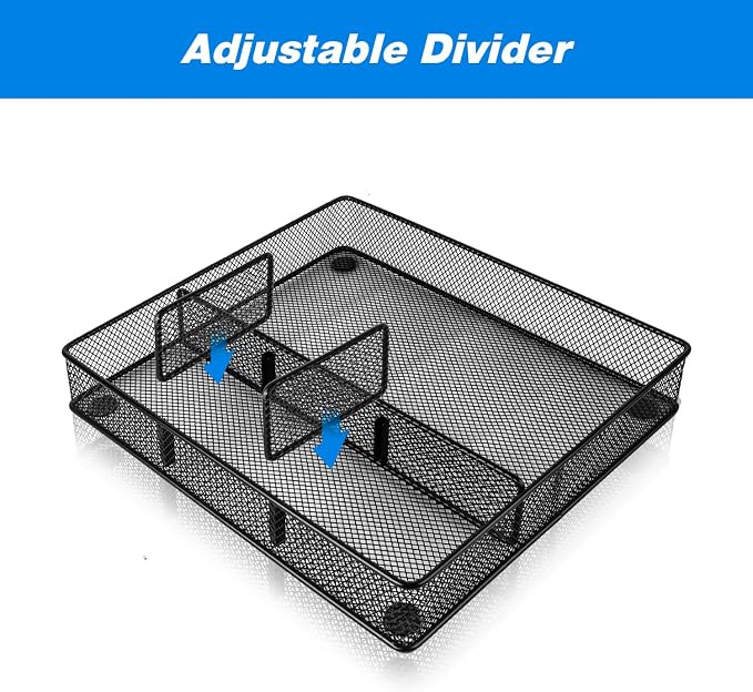 VyGrow Desk Drawer Organizer Tray, Metal Mesh Drawer Organizers Office, 4 Grid with Adjustable Compartment, Desk Organizer Tray for Home Office 12x10.6x1.9 inch Black, 2 Pack