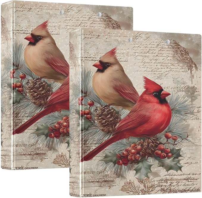 3 Ring Binder Cardinals Bird Pine Cone Christmas 1.5 inch Binders Three Ring Binders with Clipboard Fit 8.5'' x 11'' Paper 3 Interior PVC Clear Pockets for Office Supplies