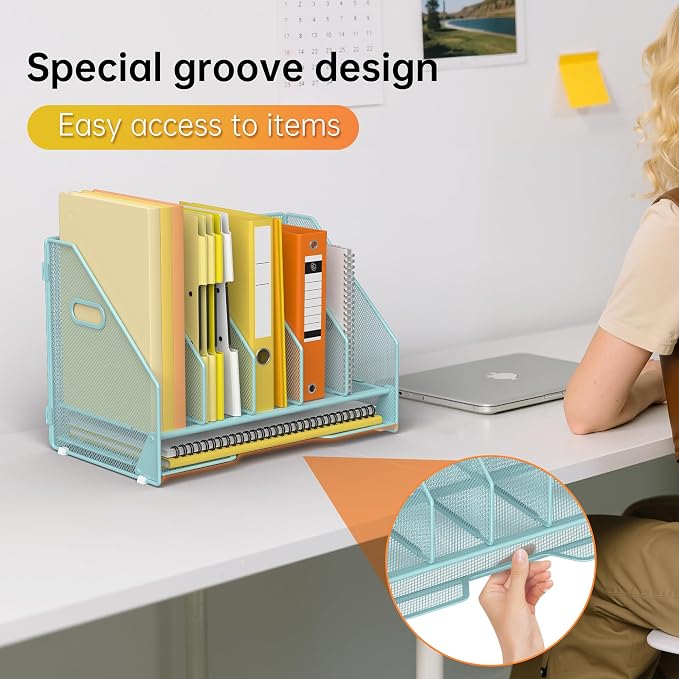 Docnest Mesh Desk File Organizer, 5 Vertical Compartment Box Sorter, Blue | Features 4 removable middle dividers for custom spacing and a bottom letter tray to hold paper, mail, and documents
