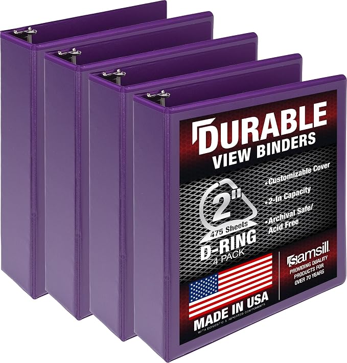 Samsill Durable 2 inch 3 Ring Binder, D Ring Binder, 100% Recycled Chipboard, Purple, 4 Pack