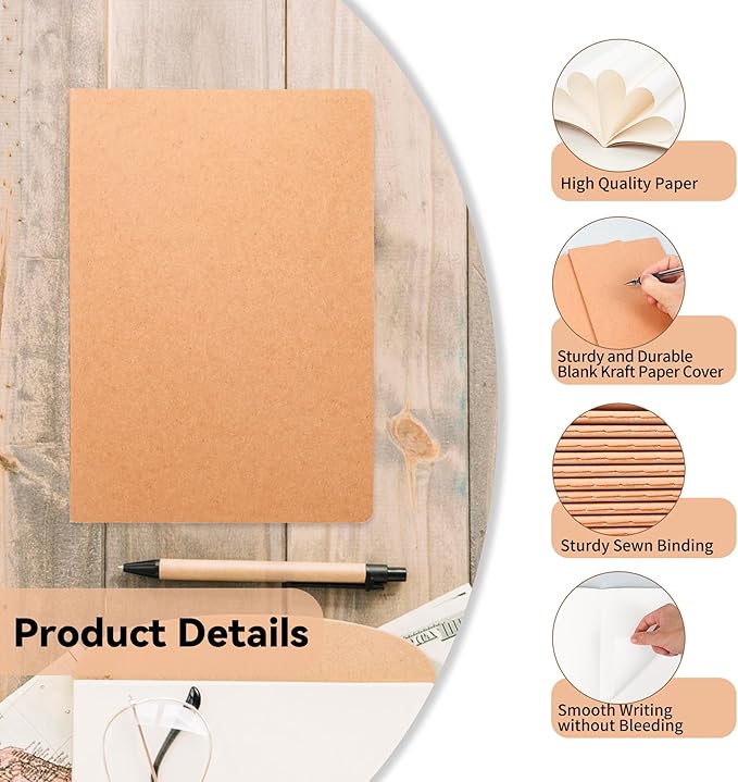 48 Pack Blank Kraft Notebooks, 8.3x5.5 Inches A5 Small Journals Bulk Blank Notebooks 80 Gsm Unlined with 60 Pages A5 Subject Notebooks Traveler Journal Set for Adult Students Back to School Supplies