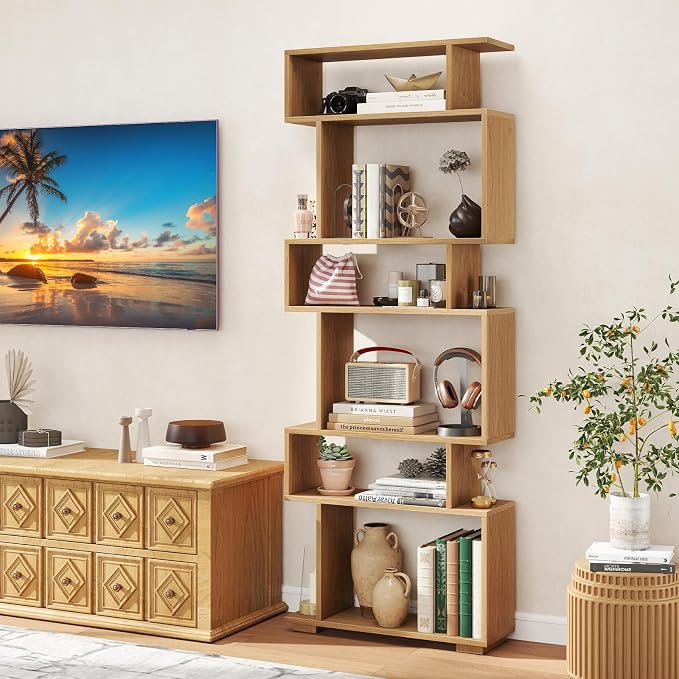Tangkula 6-Tier S-Shaped Bookshelf, 64" Freestanding Geometric Bookcase, Home Office Wood Storage Shelf with Anti-Toppling Device, Room Divider Display Rack for Study, Living Room (1, Natural)