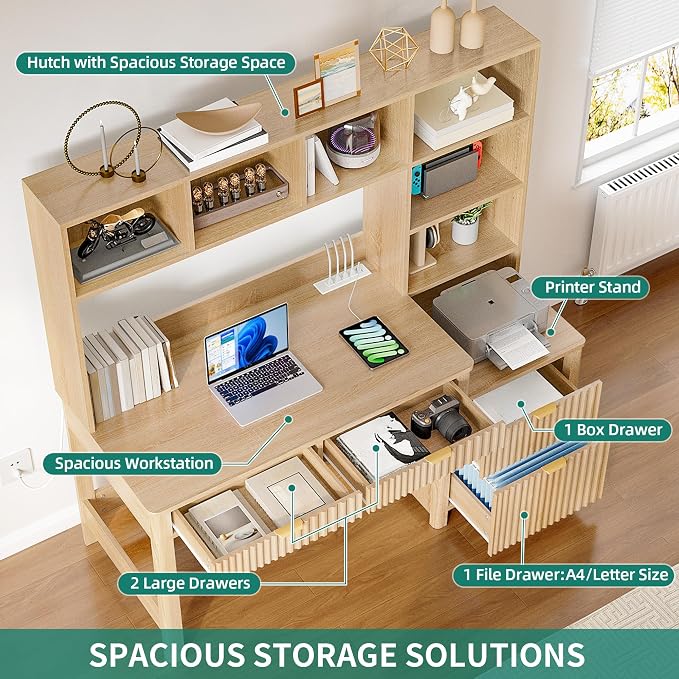 YITAHOME Computer Desk with Hutch and Drawers | 55" Office Desk with Storage Shelves Gaming Desk