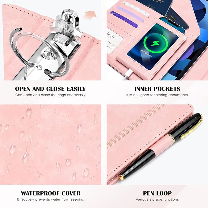 Ospelelf Leather 3 Ring Binder for Letter Size Documents with PVC Pocketed Dividers, Storage Bag & Notepad, 1 Inch Round Rings, Holds 175 Sheets, for Office School Home Organization, Flower Pink