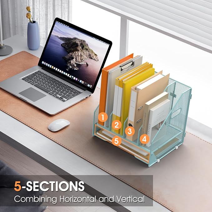 4 Vertical Mesh Desk Organizer with Paper Letter Tray, Blue | Sorting racks with lower letter tray section. Multipurpose mesh desktop space saver for home office and school