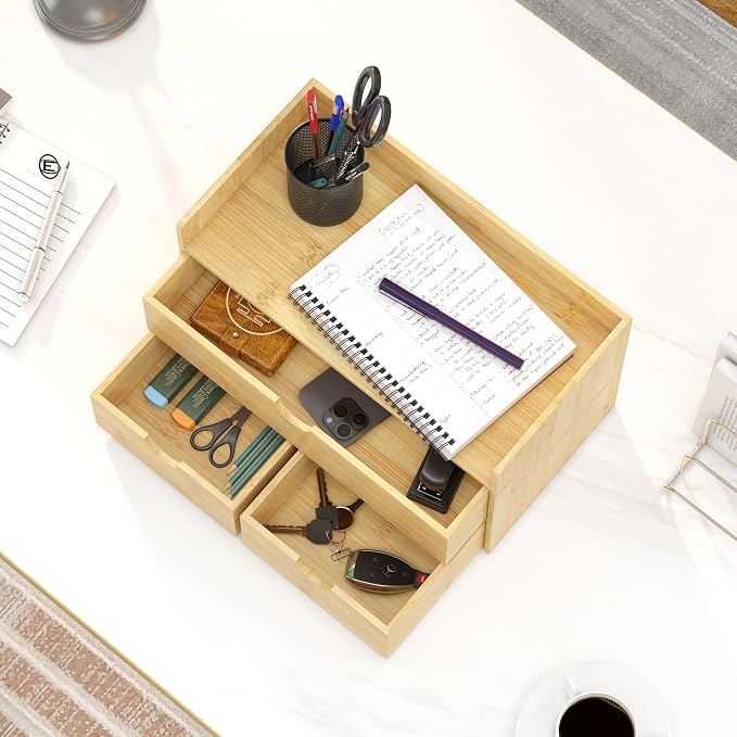 Bamboo Desk Organizer with Drawers, Desktop Storage Box for Office Supplies | 3 Drawers Desktop organizer, No Assembly Required, Natural Wood Wooden Desktop Drawers for Bills, Cosmetics, Seals, Paper