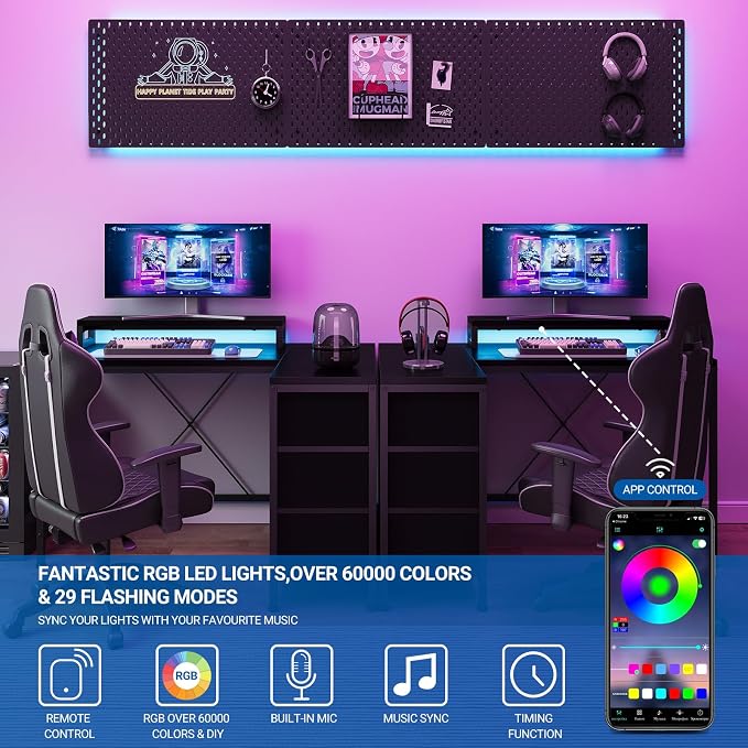 Hetoy L-Shaped Gaming Desk with Power Outlets, Corner Desk with Drawers, Shelves & LED Lights, Computer Desk for Home & Office