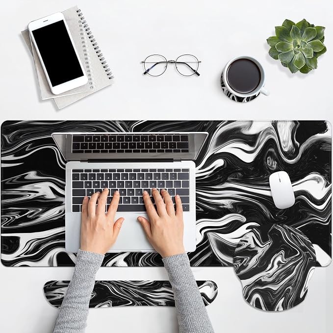 Keyboard Mouse Pad Set, 4 in 1 Desk Mat Set, Black White Marble | Large Mousepad+Keyboard Wrist Rest+Mouse Wrist Rest+Coaster Ergonomic Design for Home Office Computer
