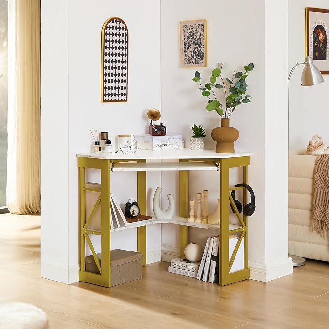 VECELO Corner Desk Computer Desk Writing Table with Smooth Keyboard Tray&Storage Shelves for Small Spaces/Compact Home Office Triangle Table,Gold & White