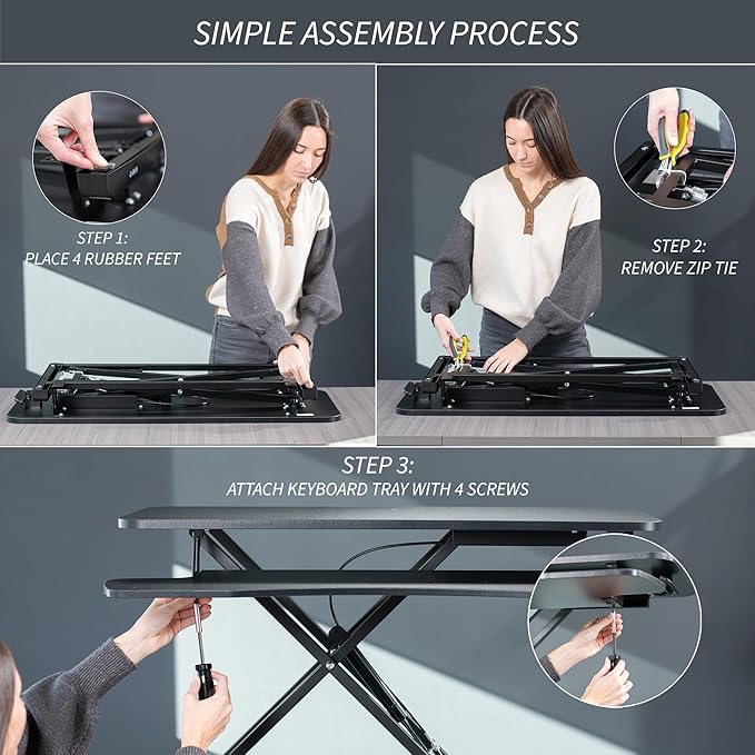 VIVO 32 inch Desk Converter, K Series, Height Adjustable Sit to Stand Riser, Dual Monitor and Laptop Workstation with Wide Keyboard Tray, Light Wood Top, White Frame, DESK-V000KF