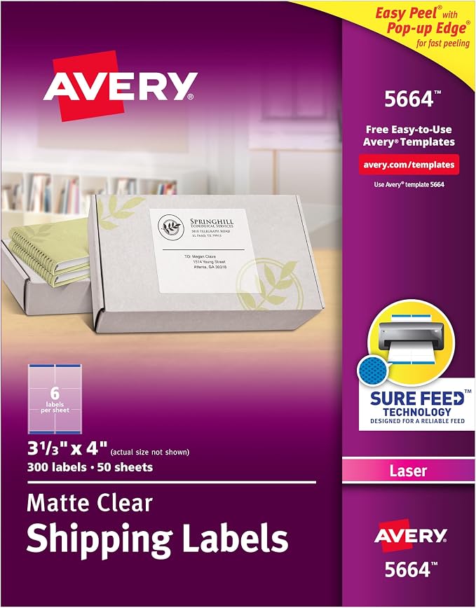Avery® Printable Shipping Labels, Sure Feed® Technology, 3-1/3" x 4", Matte Clear, 300 Blank Mailing Labels (5664)