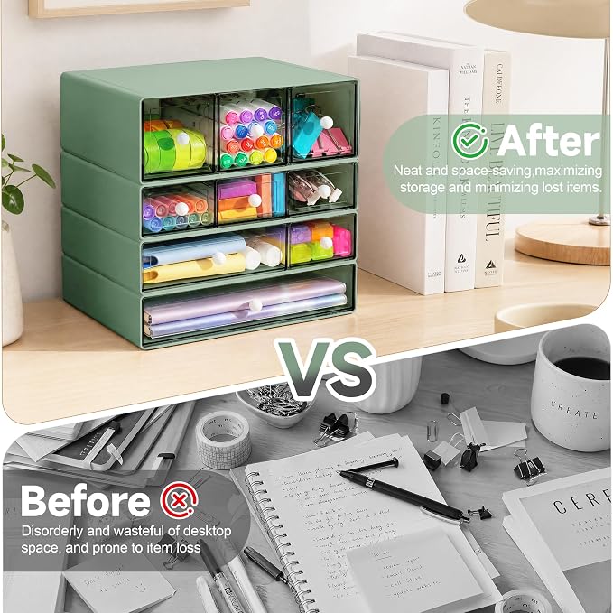 Desk Organizer with 9 Drawers, 4 Tiers Stackable Storage Drawers, Desktop Storage Box with Clear Drawers for Stationery, Makeup, Jewelry, Office and Craft Supplies (Green)