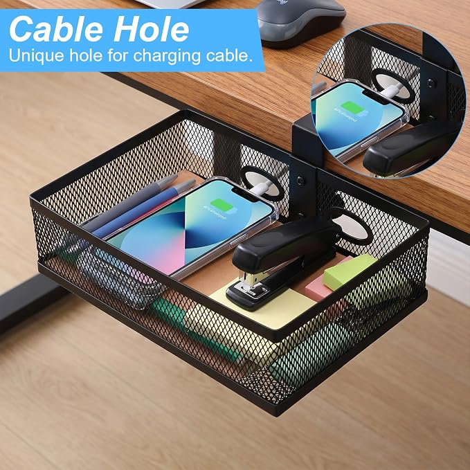 Under Desk Storage Organizer 360 Degree Rotating Under Drawer with Large Mesh Basket Clamp on Desk Drawer for Office Home Workspace Black