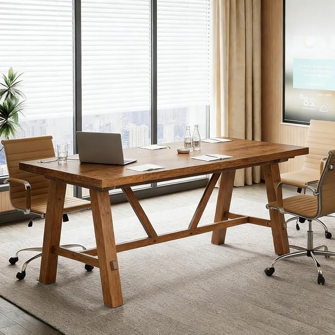 LITTLE TREE 70.87" Long Large Wood Desks, Solid Wood Office Desk, Farmhouse Executive Computer Desk, Home Office Workstaticon, Work Writing Table, Rustic Brown | Farmhouse Executive Computer Desk, Home Office Workstaticon, Work Writing Table, Rustic Brown