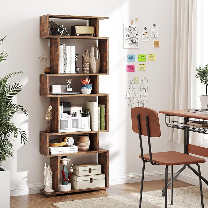 Tangkula 6-Tier S-Shaped Bookshelf, 64" Freestanding Geometric Bookcase, Home Office Wood Storage Shelf with Anti-Toppling Device, Room Divider Display Rack for Study, Living Room (2, Rustic Brown)