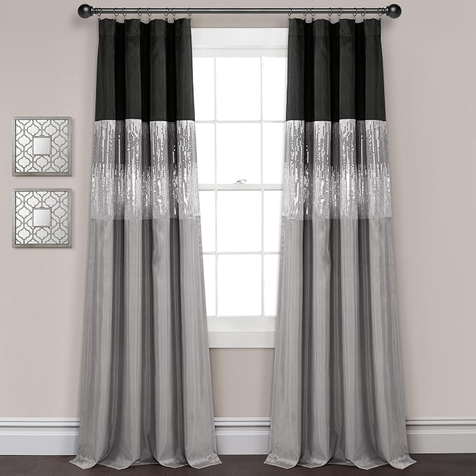 Lush Decor Night Sky 100% Blackout Window Curtain Panel Single 42"W x 84"L, Black & Gray - Blackout Curtains For Bedroom - Sequin Curtains - Glam Decor