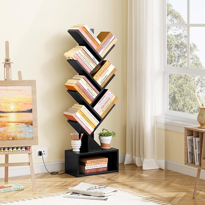 Hoctieon 6 Tier Tree Bookshelf, Tall Bookcase with Drawer, Freestanding Book Shelf with LED Lights, Display Floor Standing Storage Shelf, Book Organizer Shelves for Home Office, Living Room, Black