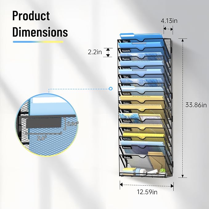 15-Tier Wall File Organizer with Hooks, Hanging File Organizer | Metal Mesh Mail Organizer, Wall Mounted File Organizer for Home, Classroom, Office Organization