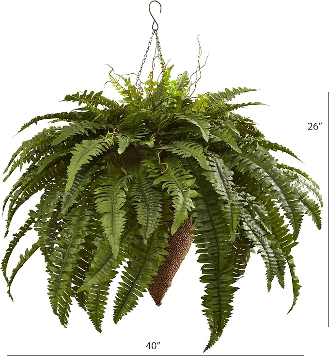 Nearly Natural 26in. Giant Boston Fern with Cone Hanging Basket