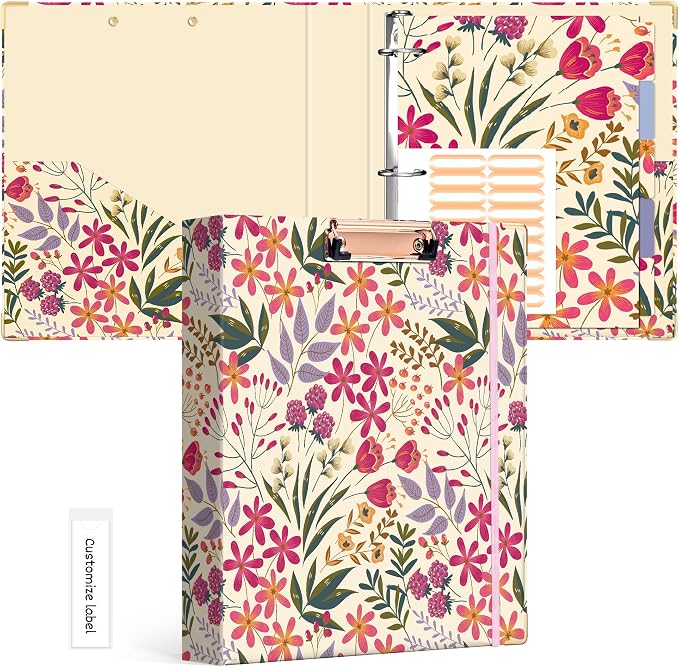 Ospelelf 3 Ring Binder, 1.5 Inch, Cute Floral Binder for Letter Size (11" x 8.5") with 5 Tab Dividers, File Folder Labels and Low Profile Clipboards