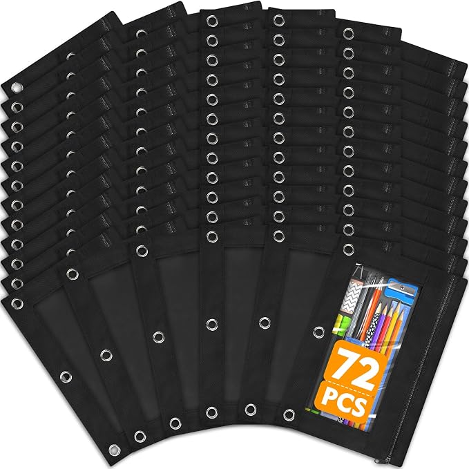 72 PCS 3 Ring Pencil Pouches Bulk in in Black, School Classroom Supplies | Pencil Pouch for 3 Ring Binder, Zipper Pencil Pouches with Clear Window for Classroom Office School Supplies