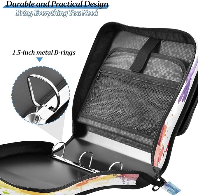 Colorful Butterfly Waterproof Zipper Binder with Shoulder Strap, 3-Ring Trapper Keeper with Lay-Flat Design and Multiple Compartments for School & Office, Adults & Kids