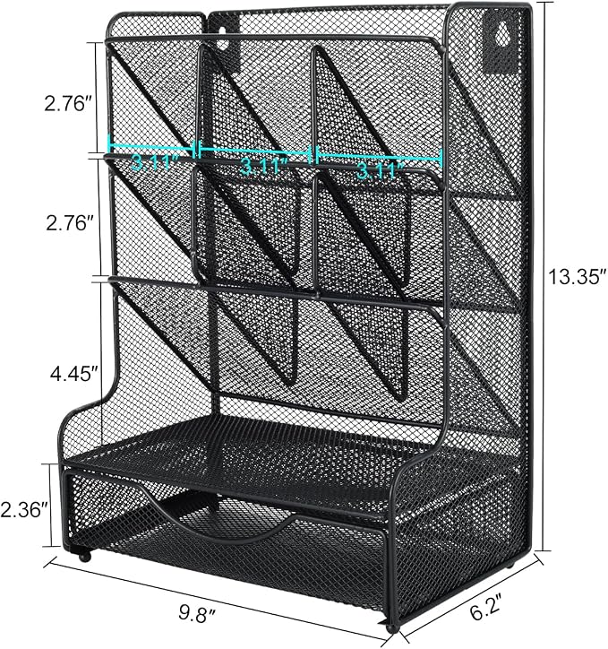 Desk Organizer with Drawer Office Supplies and Accessories Storage Caddy Hanging Wall Shelf Metal Mesh Pencil Holder for Kids, 9 Compartments, Black
