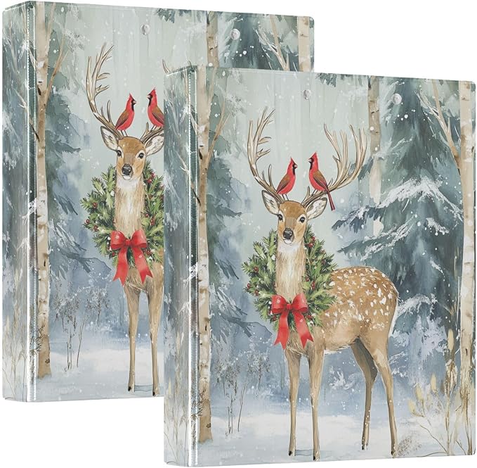 Winter Deer with Xmas Wreath Bird 3 Ring Binder 1.5" Decorative D-Ring Binder with Clipboard&3 Clear Pockets, Holds 200 Sheets A4 Size Paper Waterproof Binders for School Home Office|2 Pack
