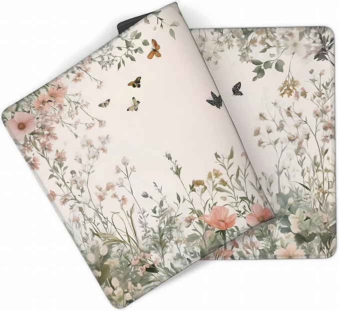 Cute Floral Aesthetic Wildflower Gaming Mouse Pad, Pink Macaron Desk Mat with Anti-Slip Base & Stitched Edges, Office & Home Desk Decor for Women, 35.4" x 15.7" in Computer Desktop Mat