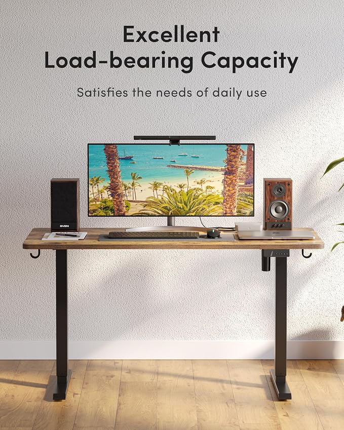 DESINO Standing Desk, 63 × 28 Inches Electric Height Adjustable, Sit and Stand Up, Computer Office Desk with Splice Board, Black Frame/Rustic Brown TOP