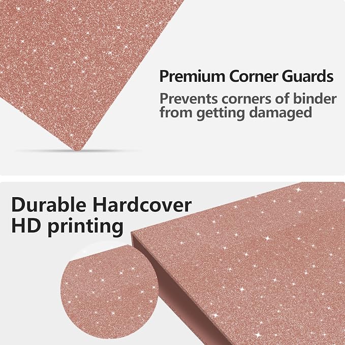 3 Ring Binder, Glitter 1 Inch Organizer, 8.5" x 11" Letter Size, Waterproof Fashion View Binder, Cute for Office School Supplies (Rose Gold)