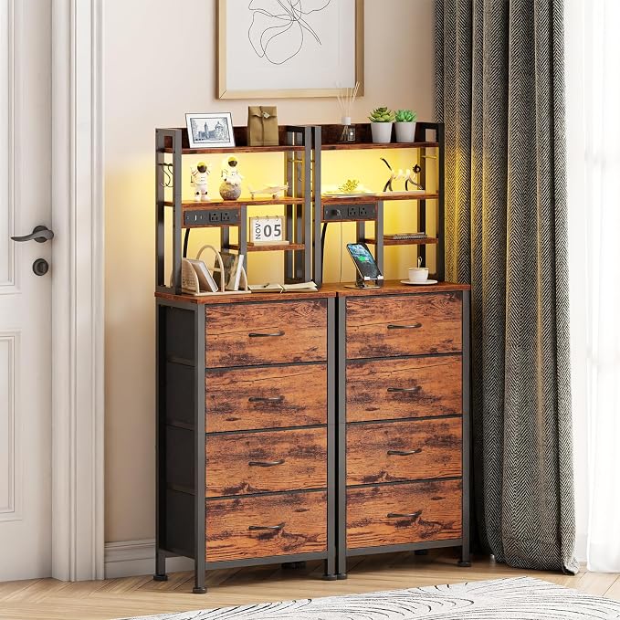 Night Stand Set 2, LED Nightstand with Charging Station | 4 Fabric Drawers and 4 Tier Storage Shelf, Bedside End Table for Bedroom, Dorm, Office, Rustic Brown