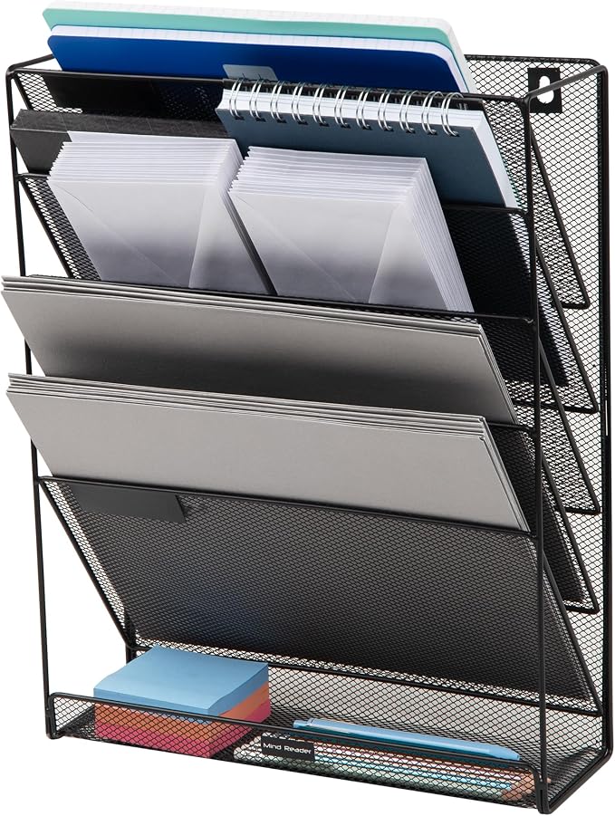 Mind Reader 5-Tier Vertical File Storage, Desktop Organizer, Wall Mount, Office, Metal Mesh, 12.75" L x 4" W x 16" H, Black (Pack of 4)