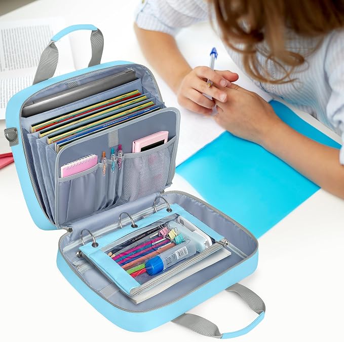 Yarwo 2026 Upgraded Zipper Binder 3 Ring Binder Bag with Pencil Pouch | 500 Sheets Capacity, 5-Tab Expanding File Folder, 14” Laptop Padded Sleeve, Shoulder Strap, for College, Office, Home, Blue
