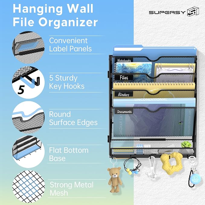 5-Tier Wall File Organizer with Hooks, Hanging File Organizer | Metal Mesh Mail Organizer, Wall Mounted File Organizer for Home, Classroom, Office Organization