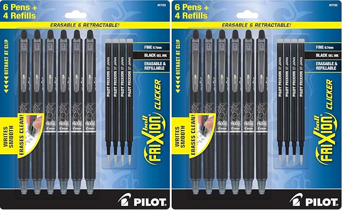 PILOT Frixion Erasable Pens, Fine Point 0.7mm Pack of 12 Black Retractable Ink Pens + 4 Bonus Refills