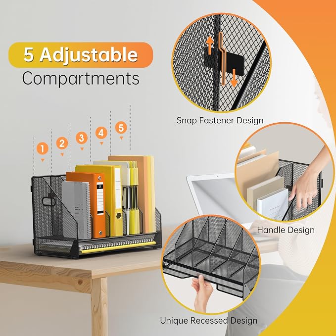 Docnest Mesh Desk File Organizer, 5 Vertical Compartment Box Sorter, Black | Features 4 removable middle dividers for custom spacing and a bottom letter tray to hold paper, mail, and documents
