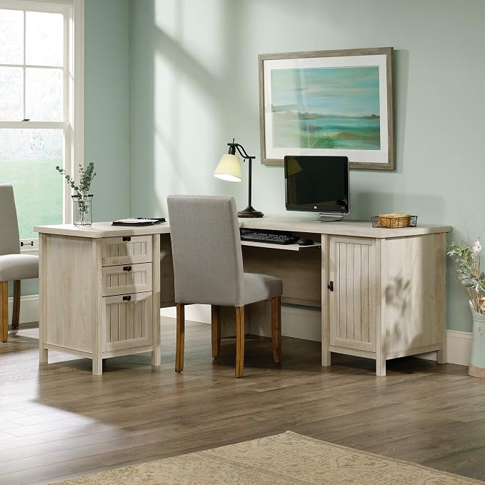 Sauder Costa L-Shaped Desk, Chalked Chestnut, Home Office with Storage & Keyboard Tray