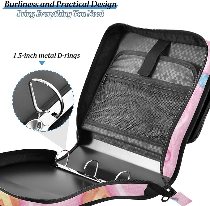 ALAZA Zipper Binder 3 Ring Pink Ice Cream of Waffles Binder Organizer with Zipper and Shoulder Strap Large Capacity Multi-Pocket Trapper Keeper File Folder for Office Supplies