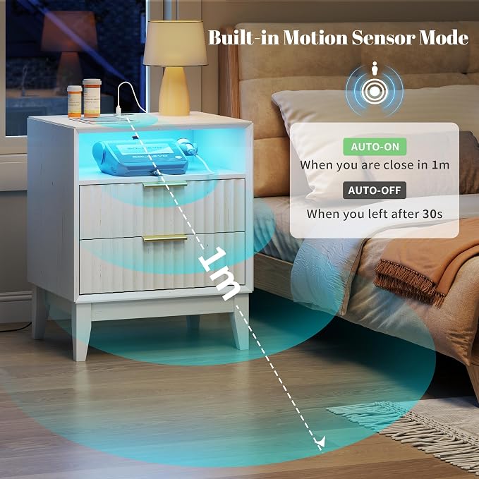 24“ W Fluted LED Nightstand with Charging Station, RFID Lock, White | Bedside Table with Hidden Drawer, 2 Drawers, Open Cubby, Motion Sensor, USB and Type-C Ports, Night Stand for Bedroom
