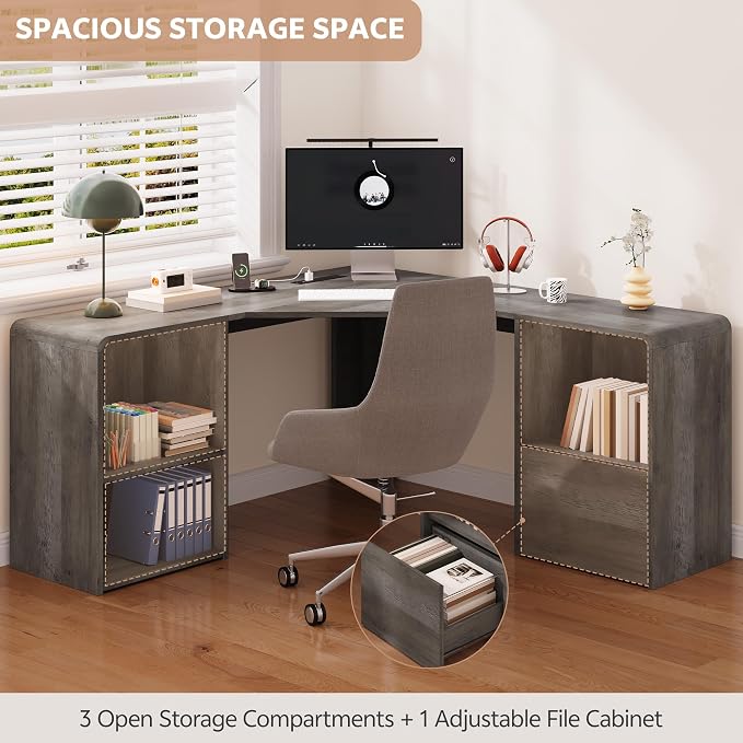 Computer Desk, Grey | Corner Desk w/ Fluted Storage, Sliding Doors, Drawers & 4AC+USB-C. Reversible Fits Any Room Layout For Home Office