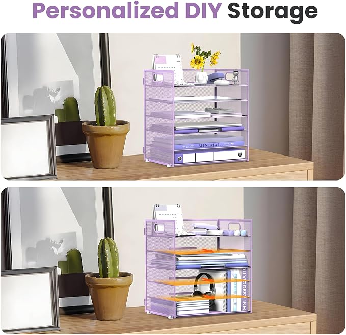 Daltack 6-Tier Paper Organizer for Desk with Handle, Purple | Sturdy Metal Mesh Organizer with Movable Middle Trays and a Carry Handle for Papers, Folders and Office Supplies