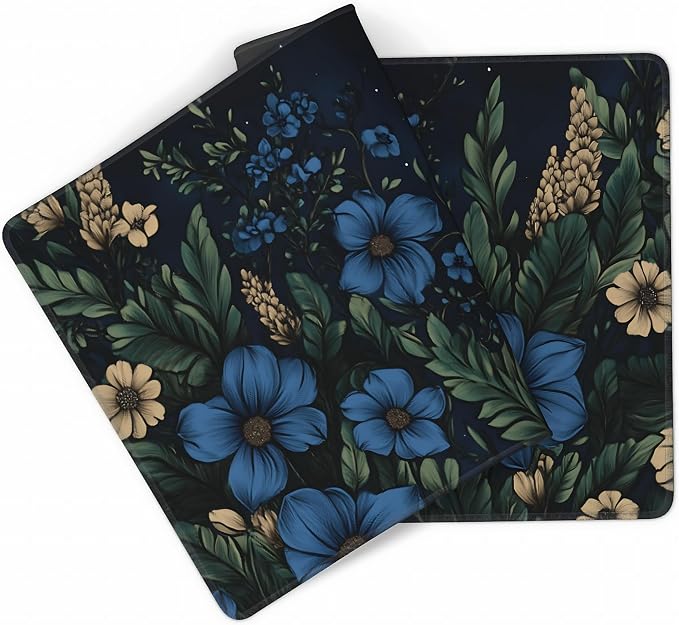 Floral Aesthetic Cosmos Gaming Mouse Pad, Black Blue Vintage Botanical Desk Mat with Anti-Slip Base & Stitched Edges,35.4" x 15.7" in Table Mat for Computer Desktop, Beautiful Workstation Decor