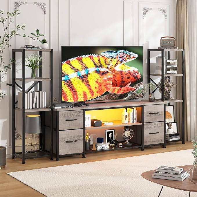 Yenlure LED TV Stand Bookshelf Combo with Charging Station for 65 60 55 Inch TV, Entertainment Center with Lights & Drawers, Industrial Media TV Console Table for Living Room Bedroom Office, Greige