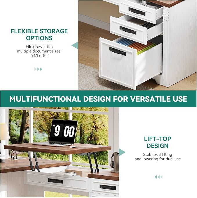 YITAHOME L Shaped Executive Desk with Lift Top & Drawers | Lift Top & Drawers, Farmhouse Corner Computer Desk, Power Outlets, Carved Design Wood, Storage Cabinet