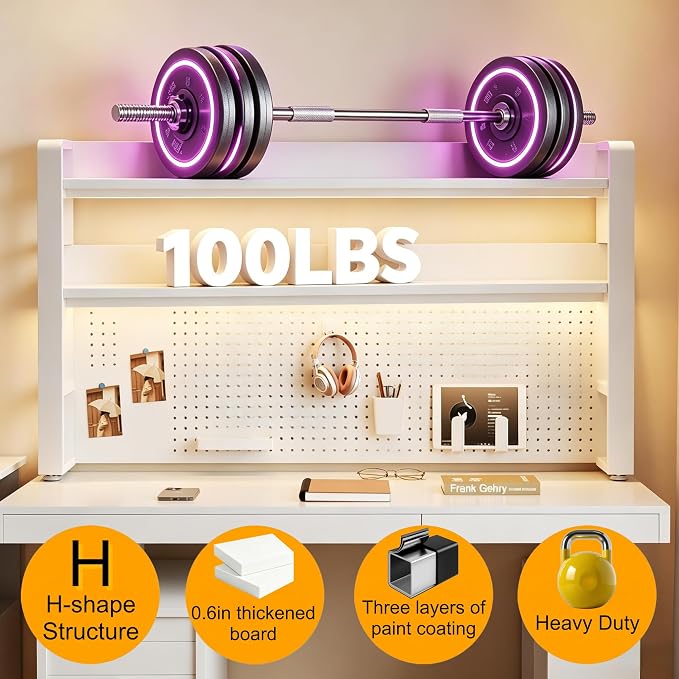 Desktop Hutch Bookshelf, 2-Tier Metal Desk Shelf for Top of Desk | Heavy Duty Countertop Organizer Rack with Peg Board & Accessories Space-Saving Storage for Dorm, Office & Home