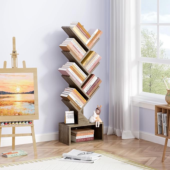 Hoctieon 6 Tier Tree Bookshelf, Tall Bookcase, Freestanding Book Shelf with LED Lights, Display Floor Standing Storage Shelf, Book Organizer Shelves for Home Office, Living Room, Greige