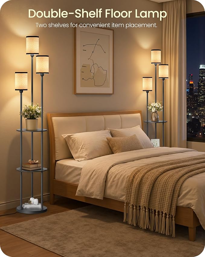 Floor Lamp with Shelves, for Living Room, 3-Light Standing Lamp | Modern Floor Lamp with Foot Switch, 3-Tier Shelf, 70.9" Tall Lamp, for Bedroom, Study, Office, Black and Yellow YB53LD05