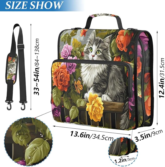 MNSRUU 3 Ring Binder Bag, 2 Inch D-Rings Easily Organizes 1 Inch Fits Letter Sized Paper, Gray Cat on The Garden Fence Large 3 Hole Zipper Binder Organizer for School Office Supplies